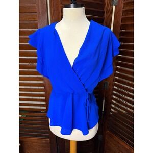 MONTEAU Los Angeles Royal Blue Ruffle Sleeve Wrap Peplum Top Women's Size L